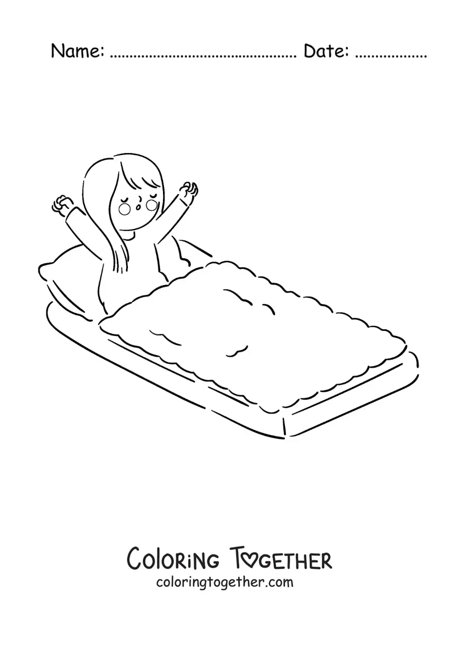 Coloring page of a kawaii girl waking up in her bed