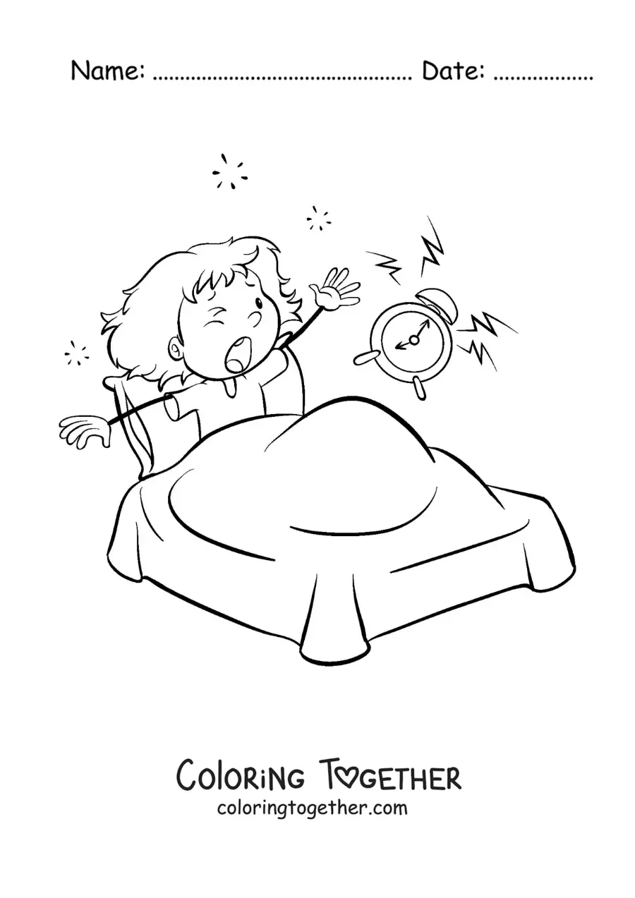 Coloring page of a cartoon girl waking up in her bed with an alarm clock