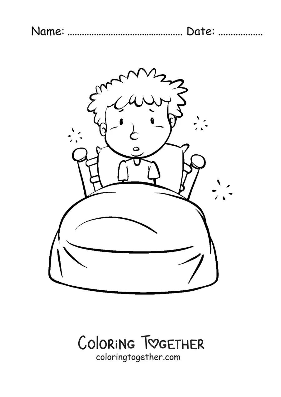 Coloring page of a cartoon boy waking up in his bed