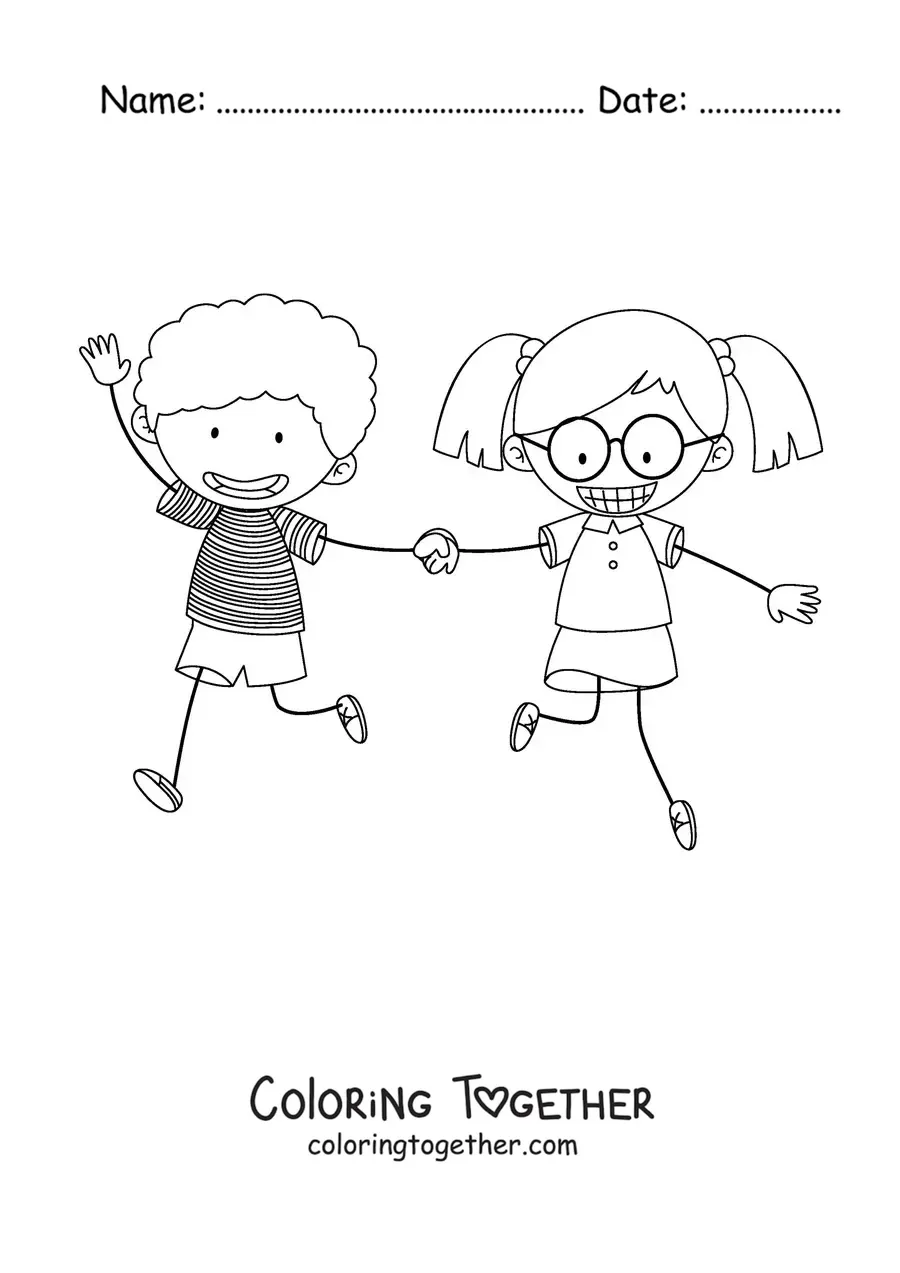 Coloring page of a boy and a girl running while holding hands