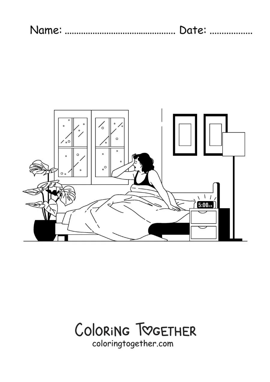 Coloring page of a woman getting out of bed early