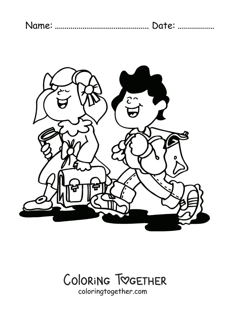 Coloring page of a cartoon of two kids on their way to school