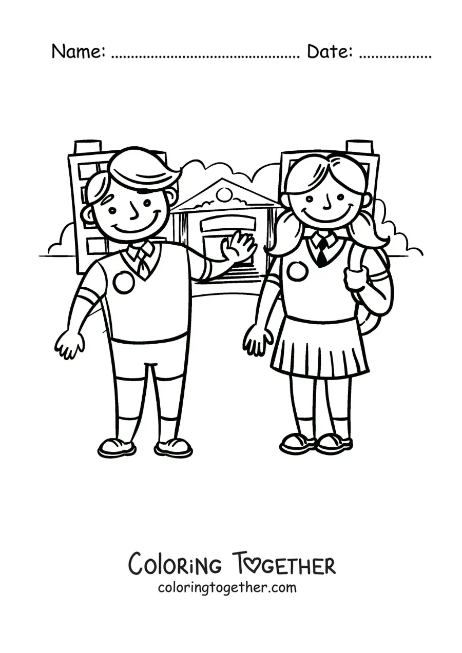 Coloring page of two cartoon kids in uniform in front of the school