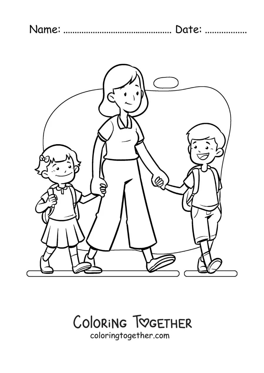 Coloring page of a cartoon mother taking her kids to school