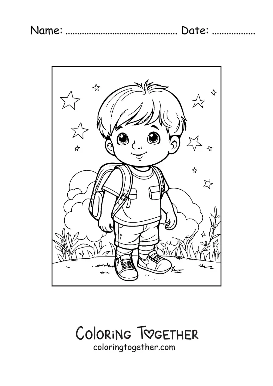 Coloring page of a boy with his backpack on his way to school