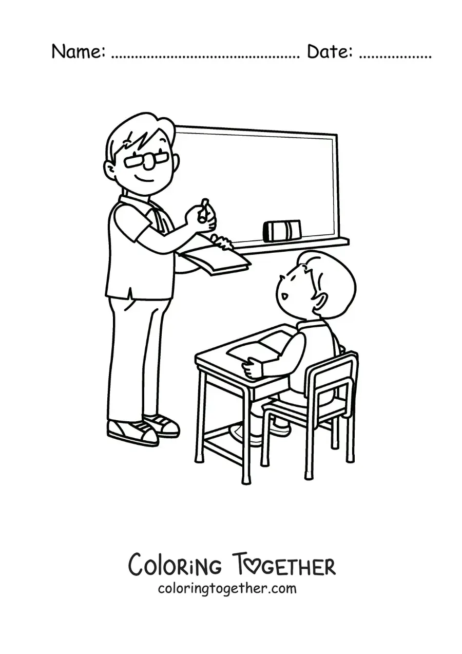 Coloring page of a boy at his desk with his teacher explaining at the board