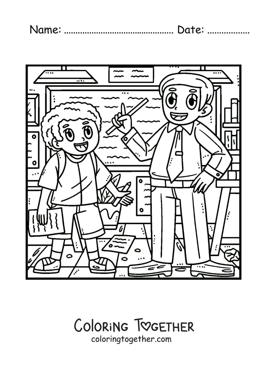 Coloring page of a boy in the classroom with his teacher explaining
