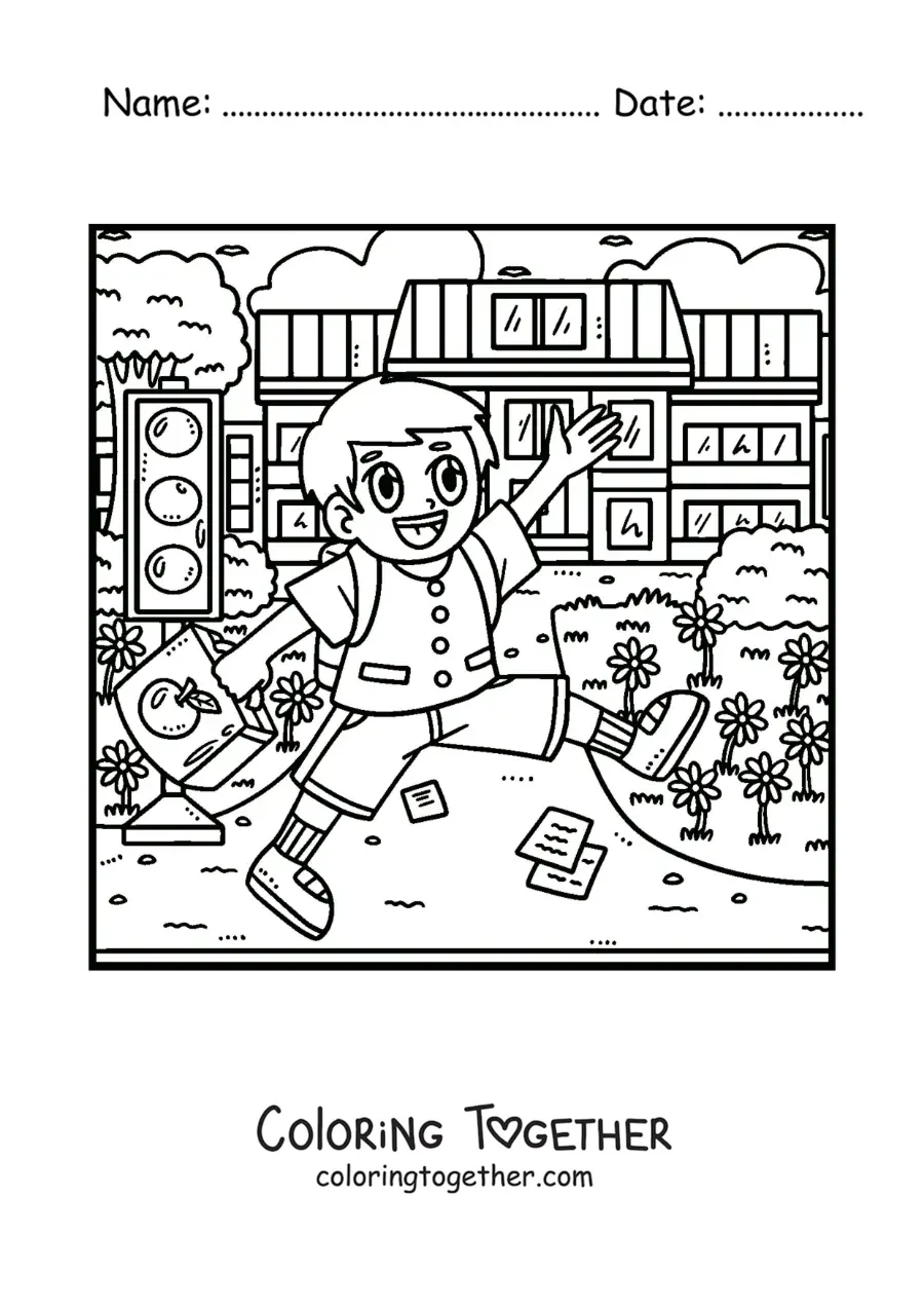 Coloring page of a cartoon boy in his uniform going to school