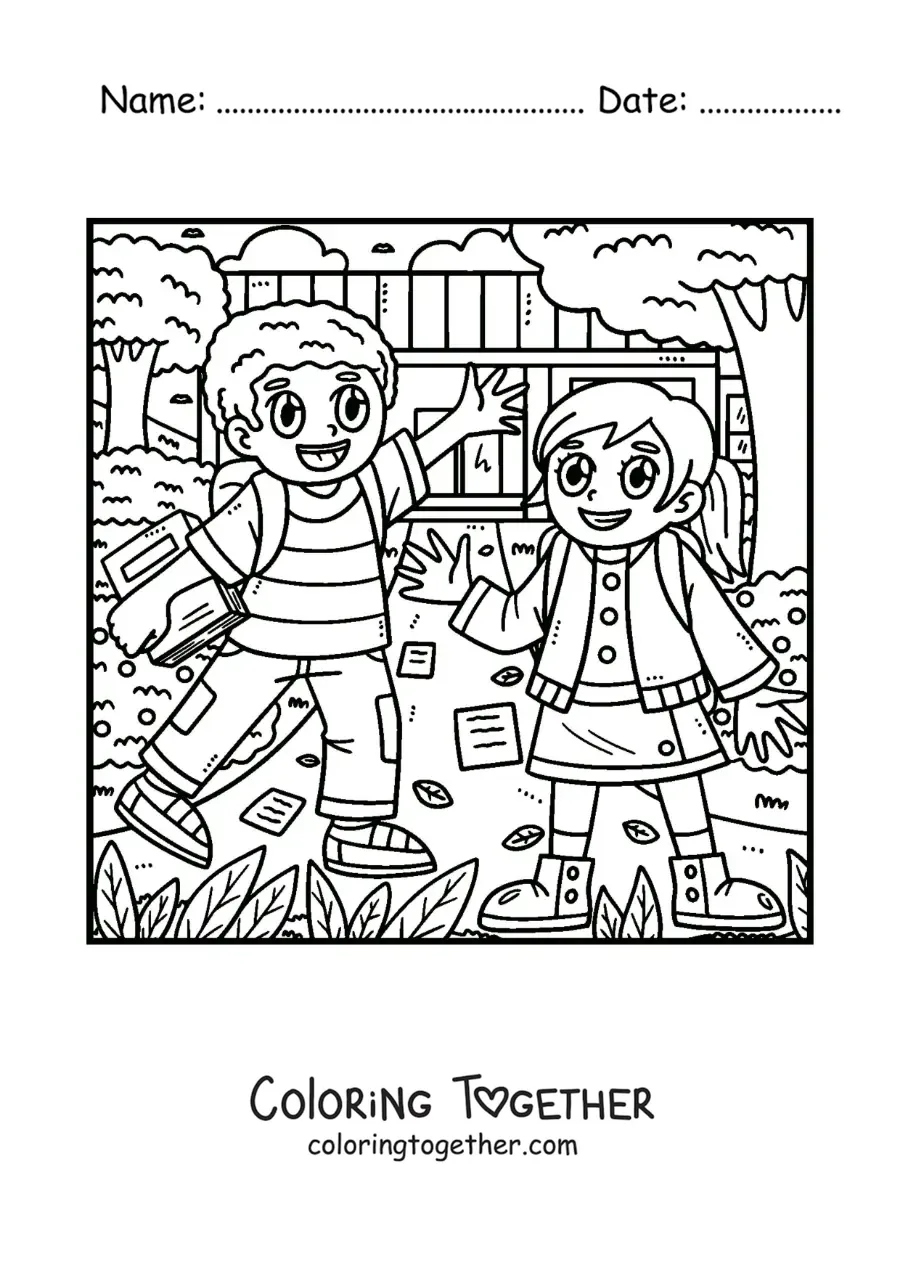 Coloring page of two cartoon kids walking to school
