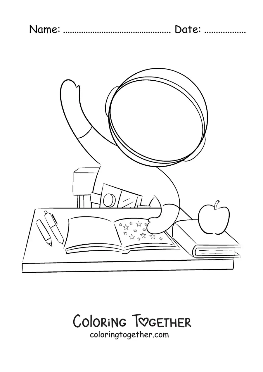 Coloring page of a cartoon astronaut at school raising his hand
