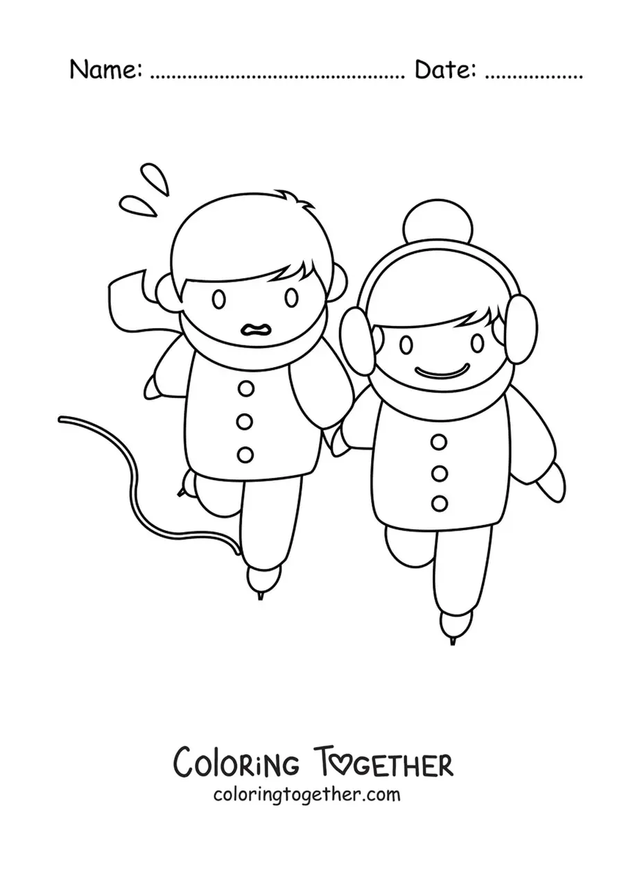 Coloring page of a boy and a girl ice skating