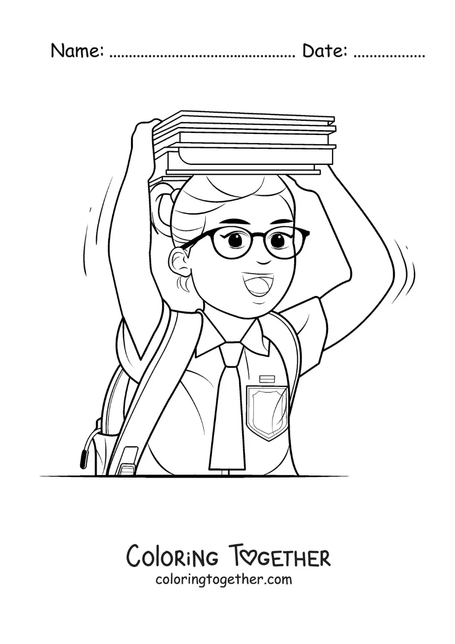Coloring page of a girl in a school uniform carrying books