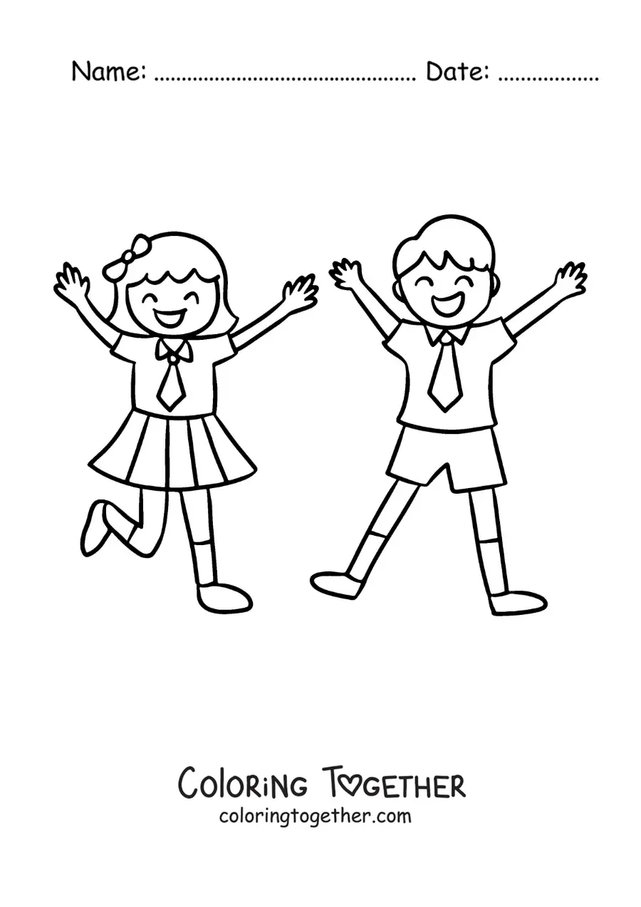 Coloring page of two cartoon kids in school uniforms