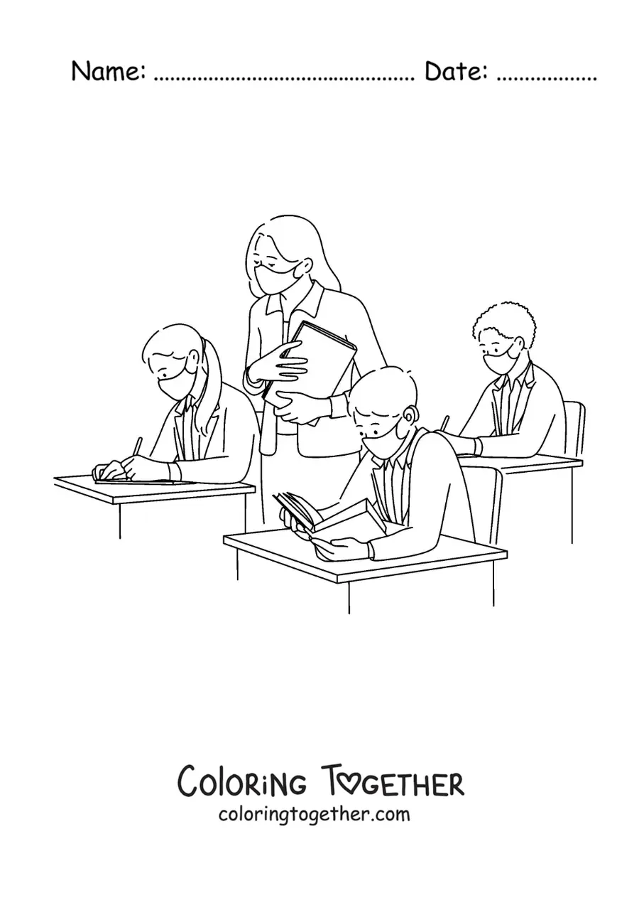 Coloring page of kids with masks in the classroom with the teacher