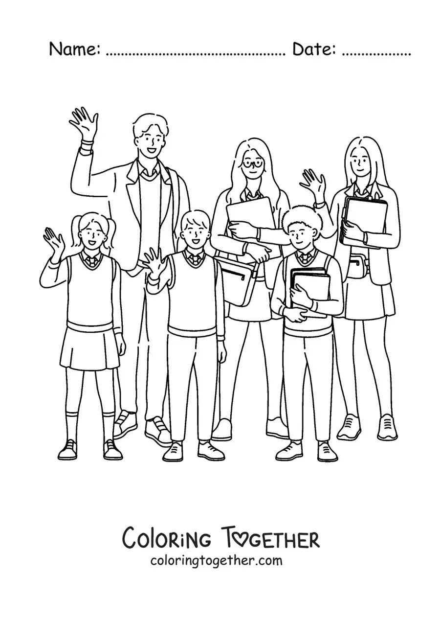 Coloring page of children and teenagers in uniform