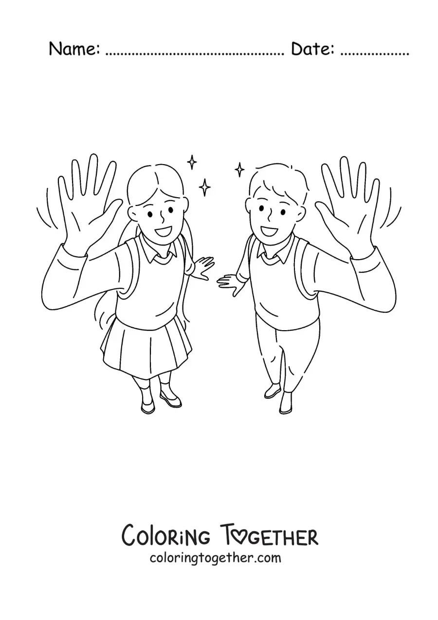 Coloring page of a girl and a boy in uniform waving hello