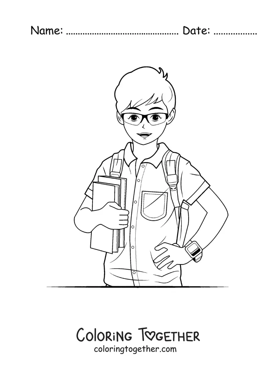 Coloring page of a boy in uniform with books