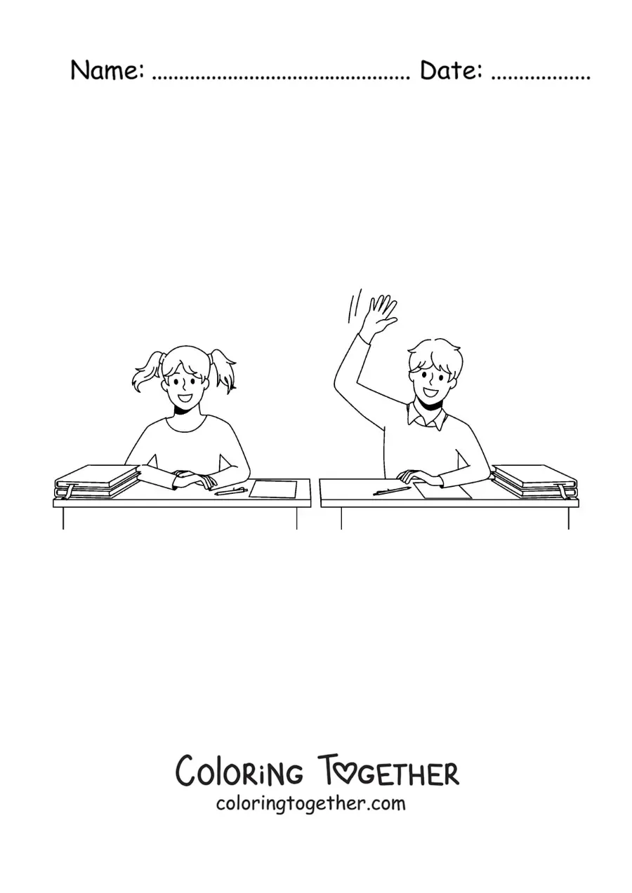 Coloring page of a girl and a boy in the classroom