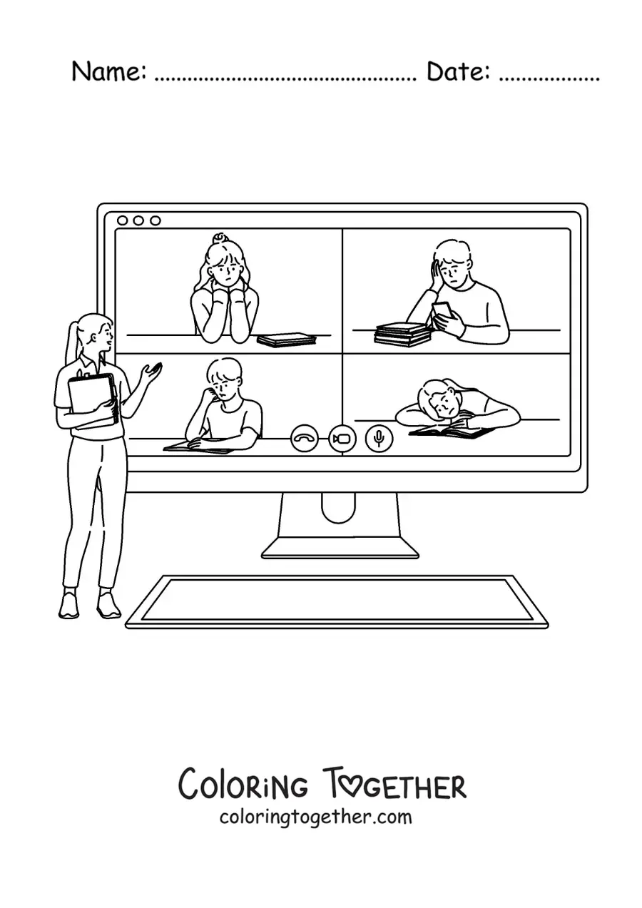 Coloring page of a computer screen with kids studying on a video call and the teacher explaining