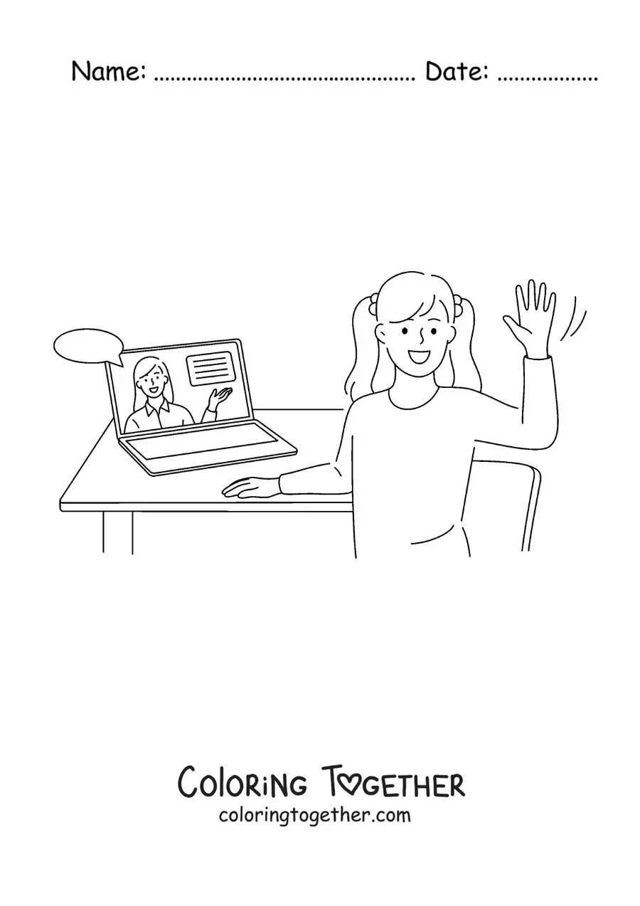 Coloring page of a girl with her laptop in an online class
