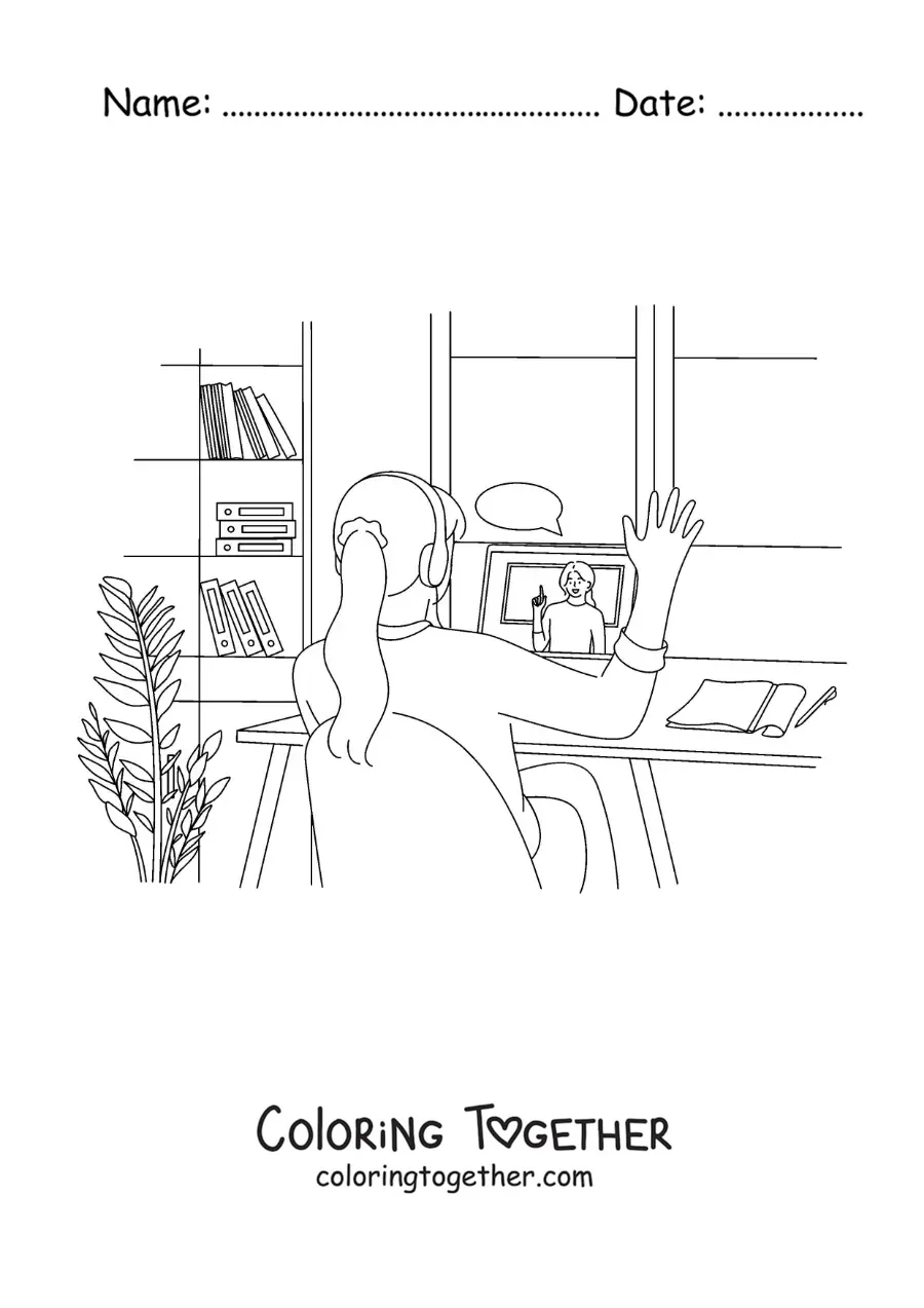 Coloring page of a girl with headphones taking part in an online class
