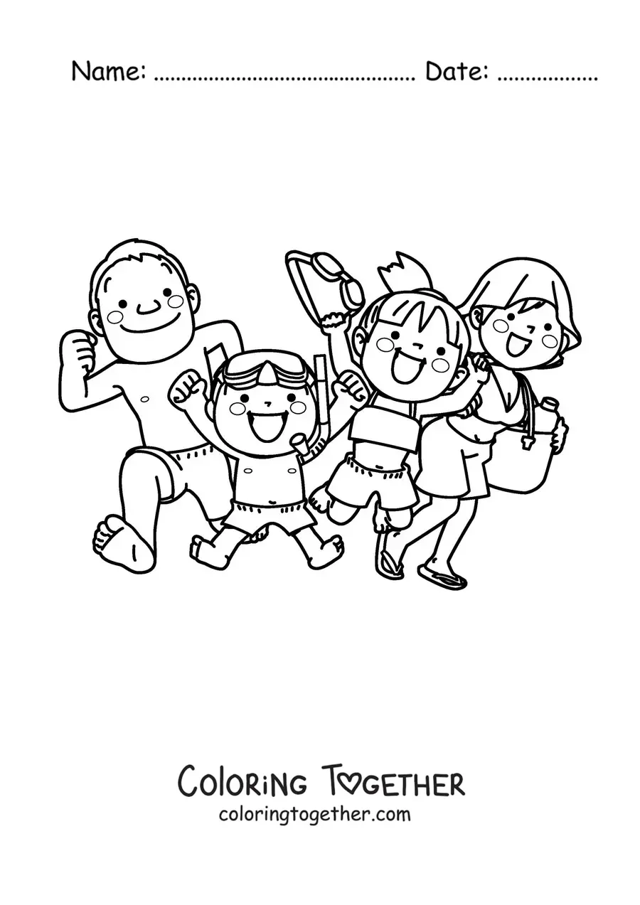 Coloring page of a happy family in swimsuits with summer accessories