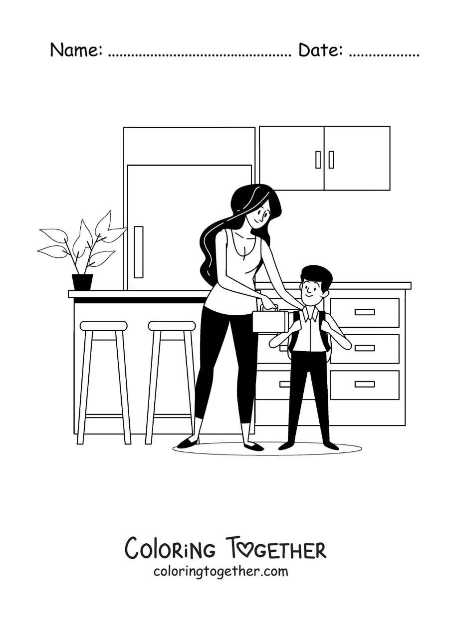 Coloring page of a mother handing her son a lunchbox with breakfast before going to school