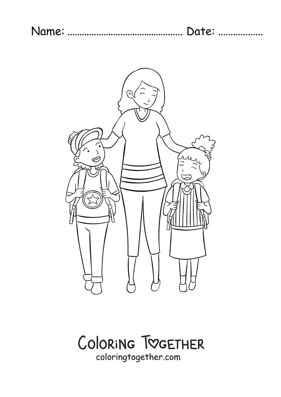 Coloring page of a mother walking her daughter and son to school