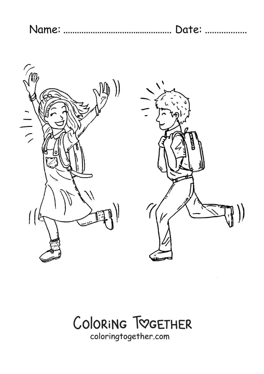 Coloring page of two kids running to school