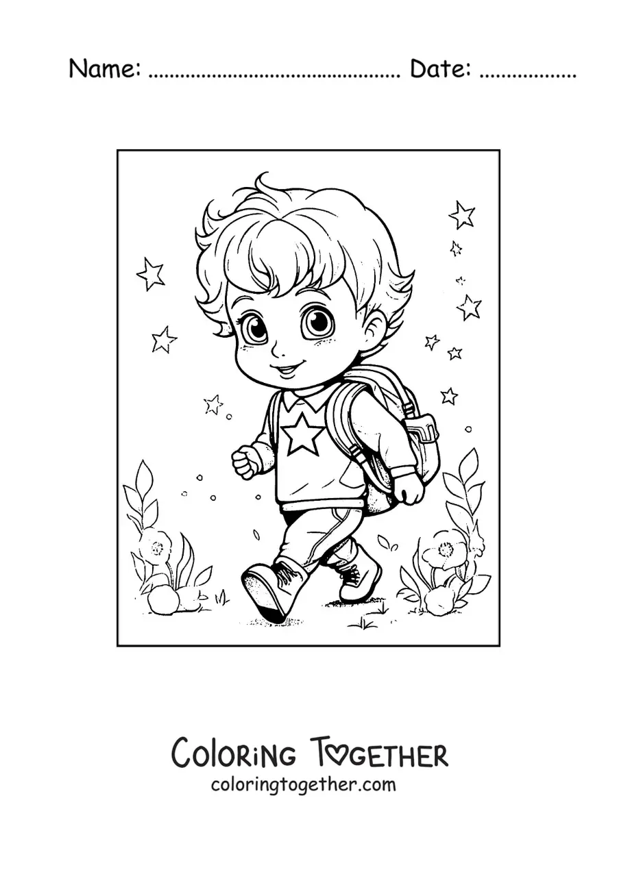 Coloring page of a kawaii boy with his backpack ready to go to school