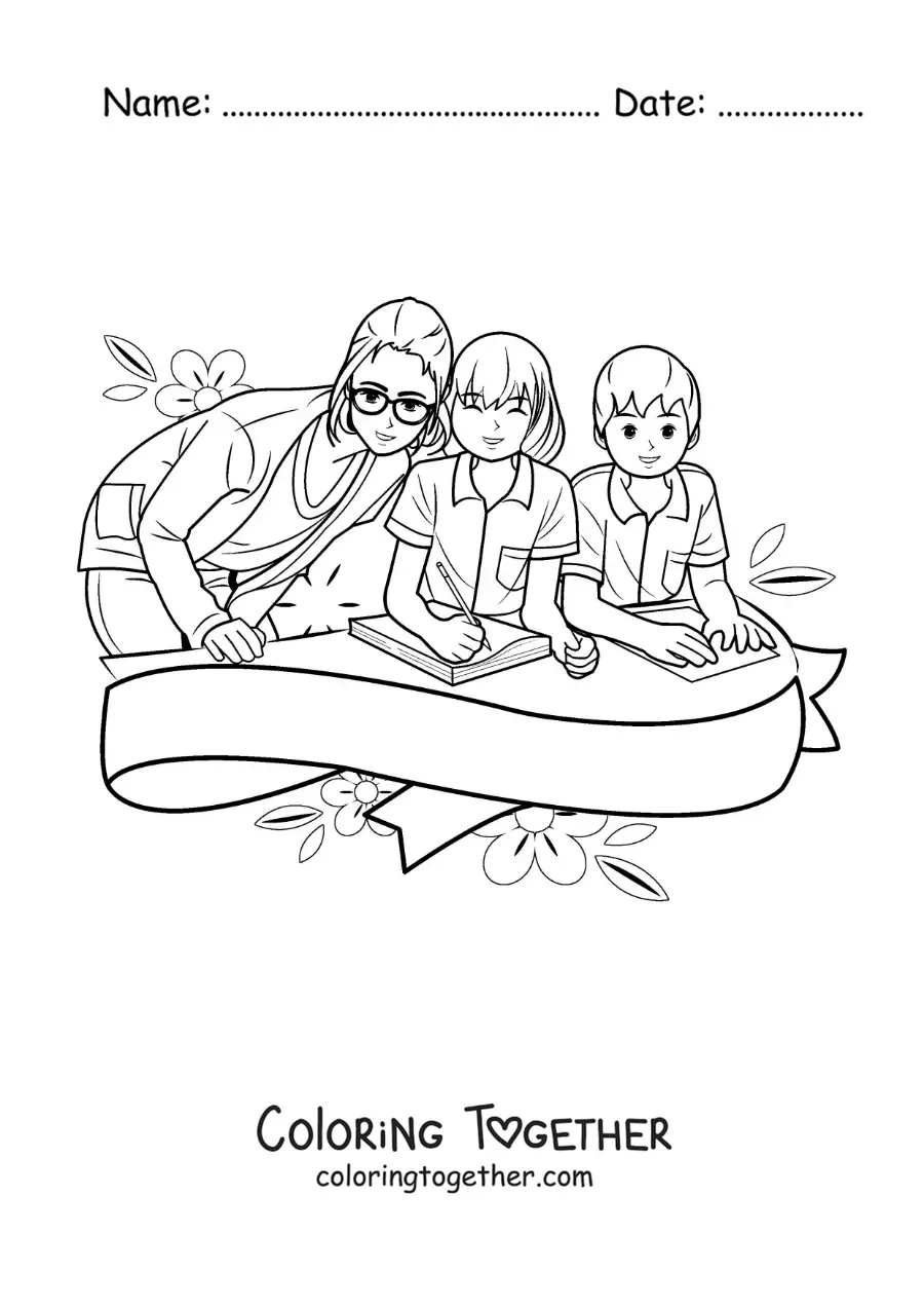 Coloring page of two kids at school with their teacher