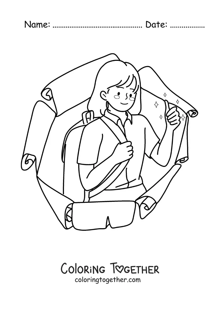Coloring page of a girl with a uniform and backpack ready for back to school