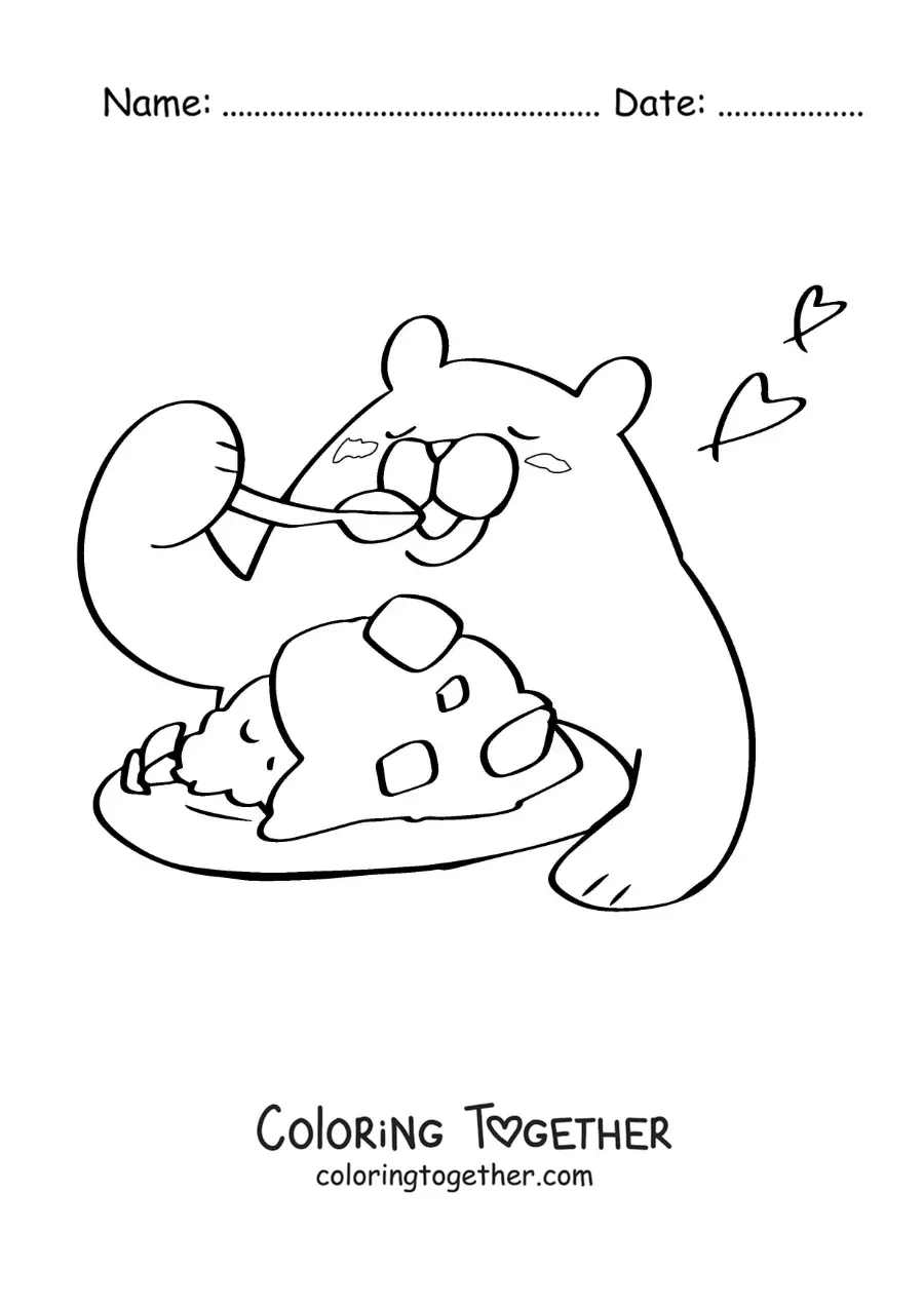 Coloring page of a cartoon bear eating from a plate