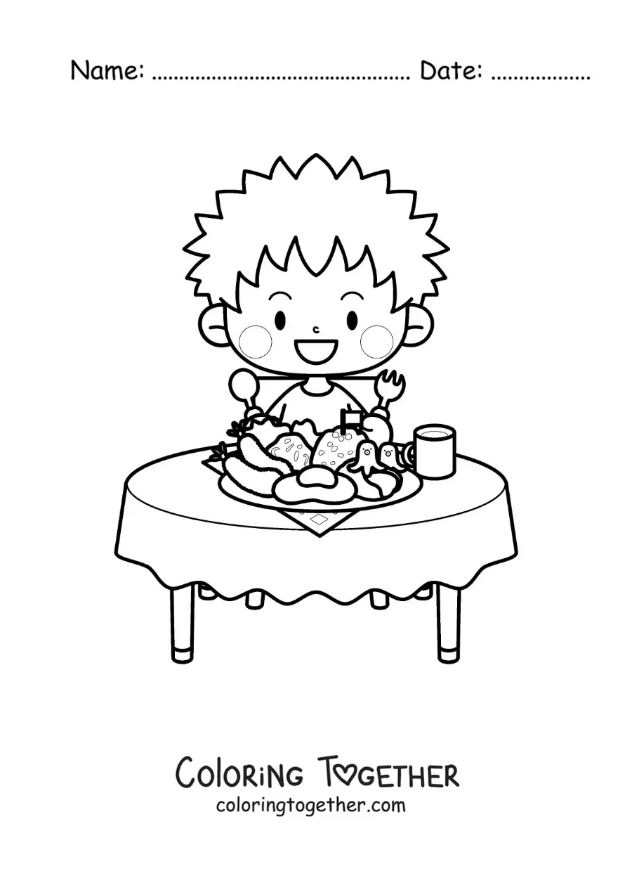 Coloring page of a cartoon boy sitting at the table with a plate of food