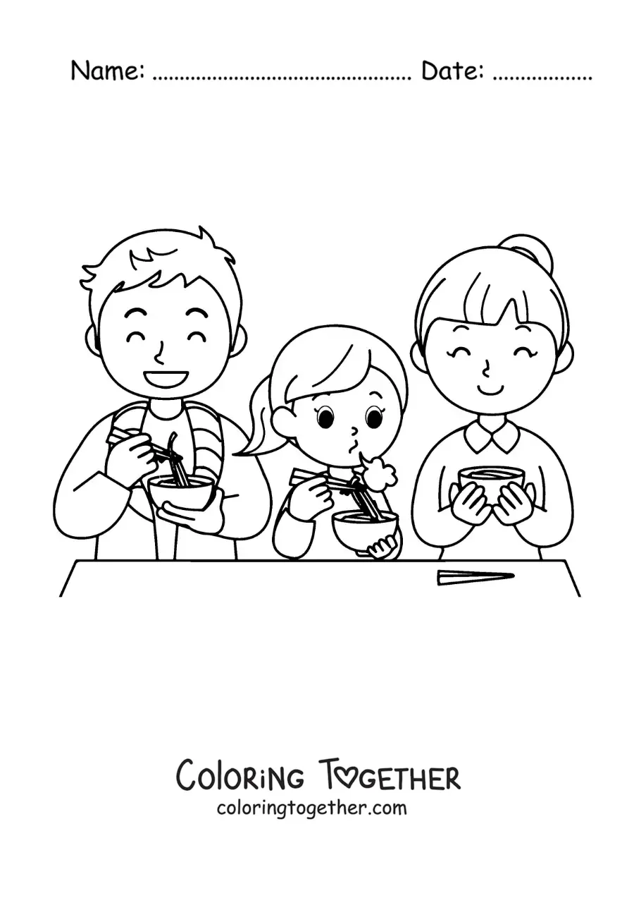 Coloring page of a family sitting at the table eating