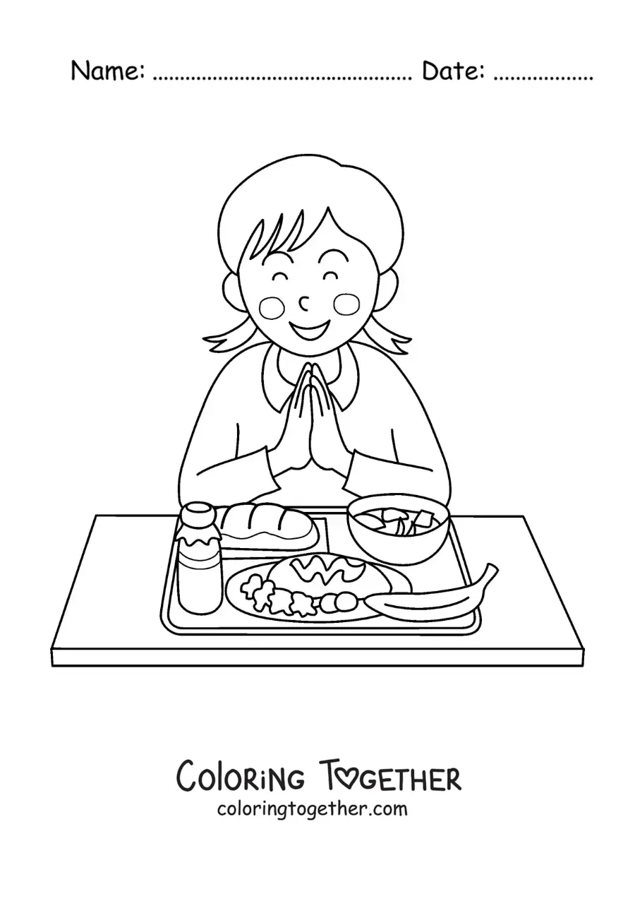 Coloring page of a girl with her hands together giving thanks for her food in the school cafeteria
