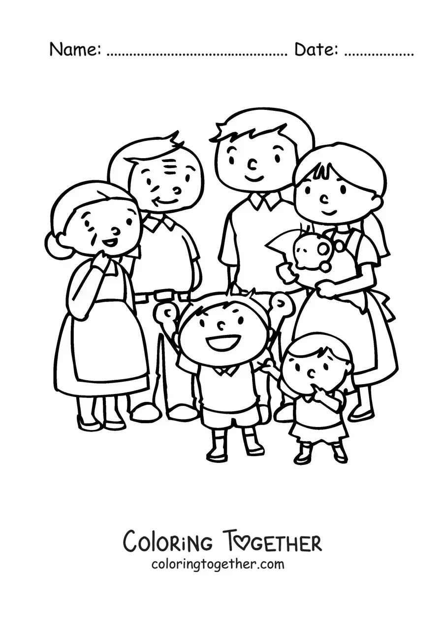 Coloring page of a dad, a mom, two children, and a baby welcoming a pair of grandparents