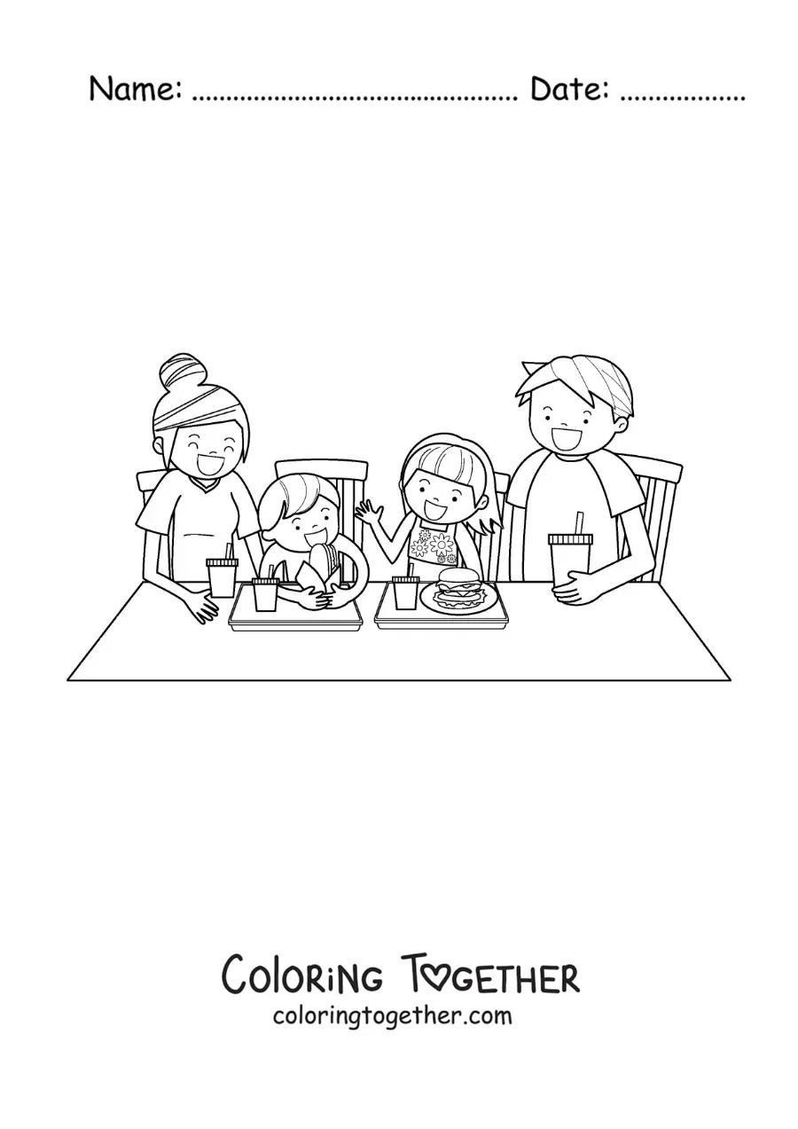 Coloring page of a family sitting at the table eating junk food