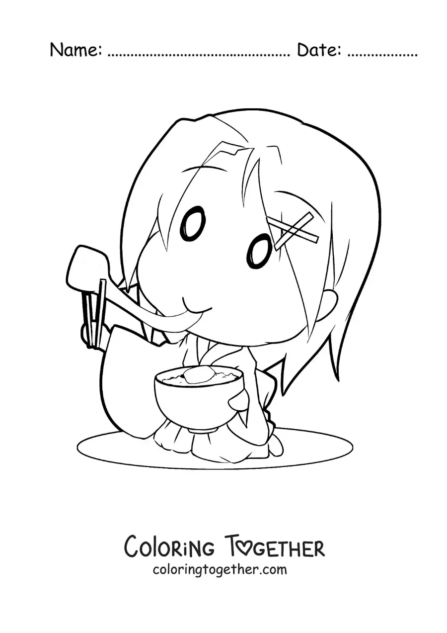 Coloring page of a Japanese girl eating