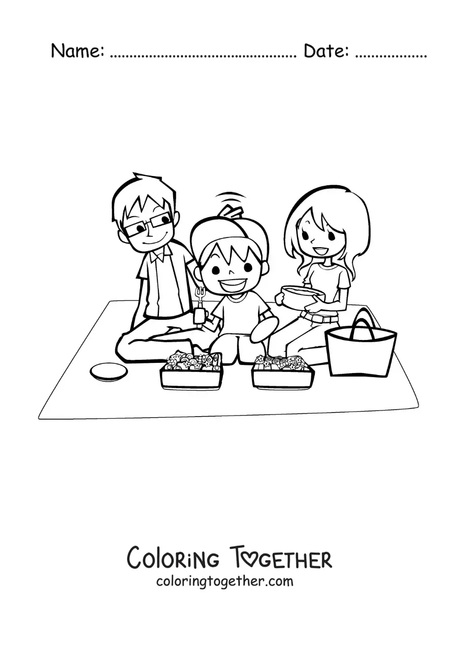 Coloring page of a boy and his parents eating at a picnic