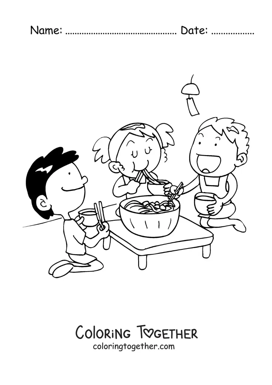 Coloring page of kids sitting and eating Asian food