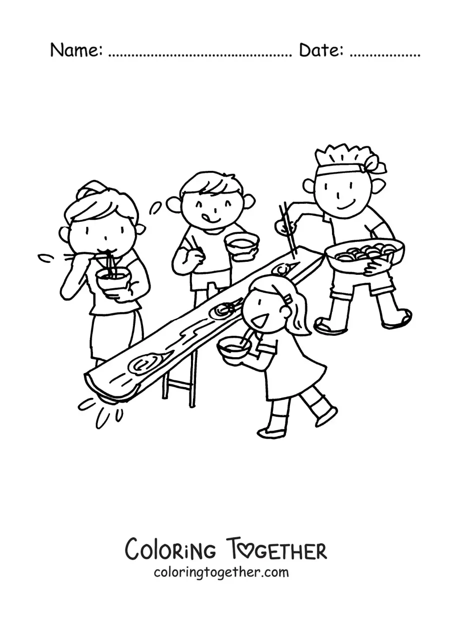 Coloring page of people eating ramen at a Japanese restaurant