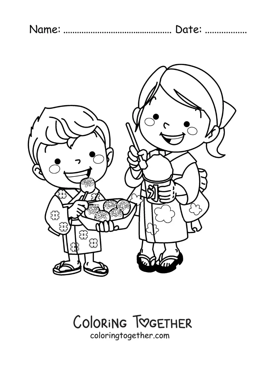 Coloring page of Japanese kids eating ice cream and sweets