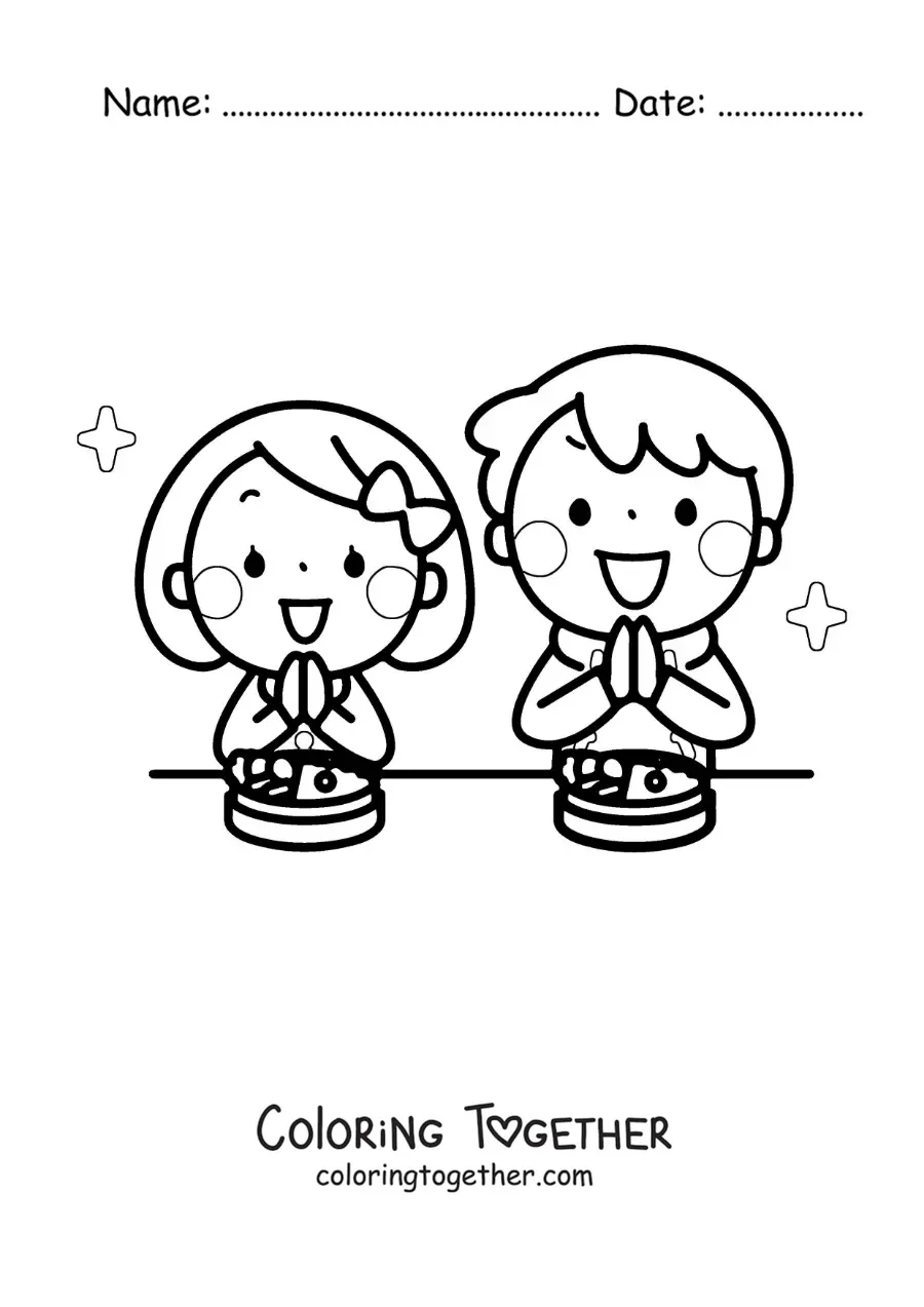 Coloring page of two kids giving thanks for the food before eating