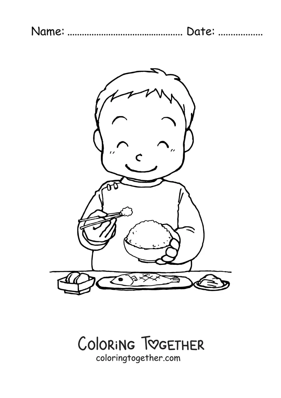 Coloring page of an Asian boy eating rice with chopsticks