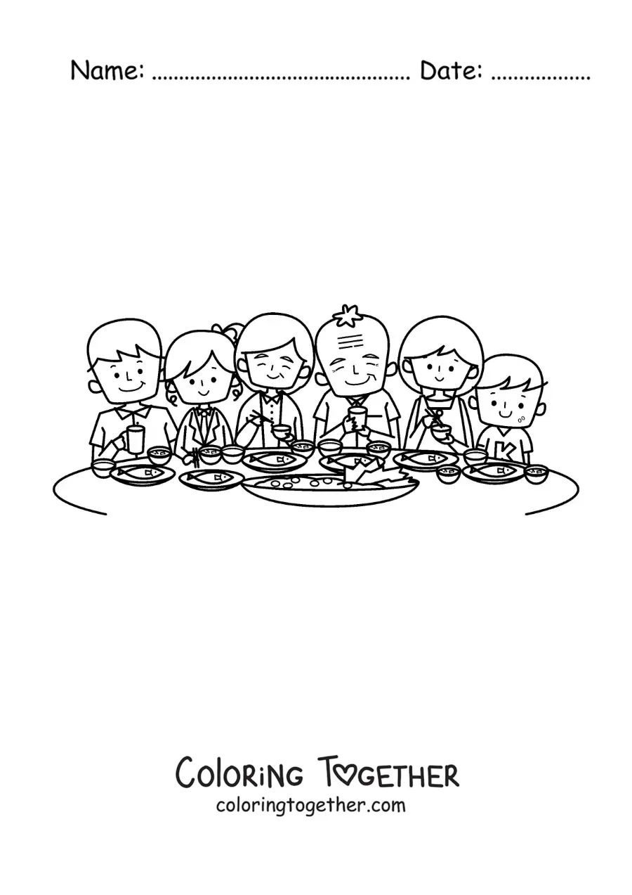 Coloring page of a big animated family eating at the table