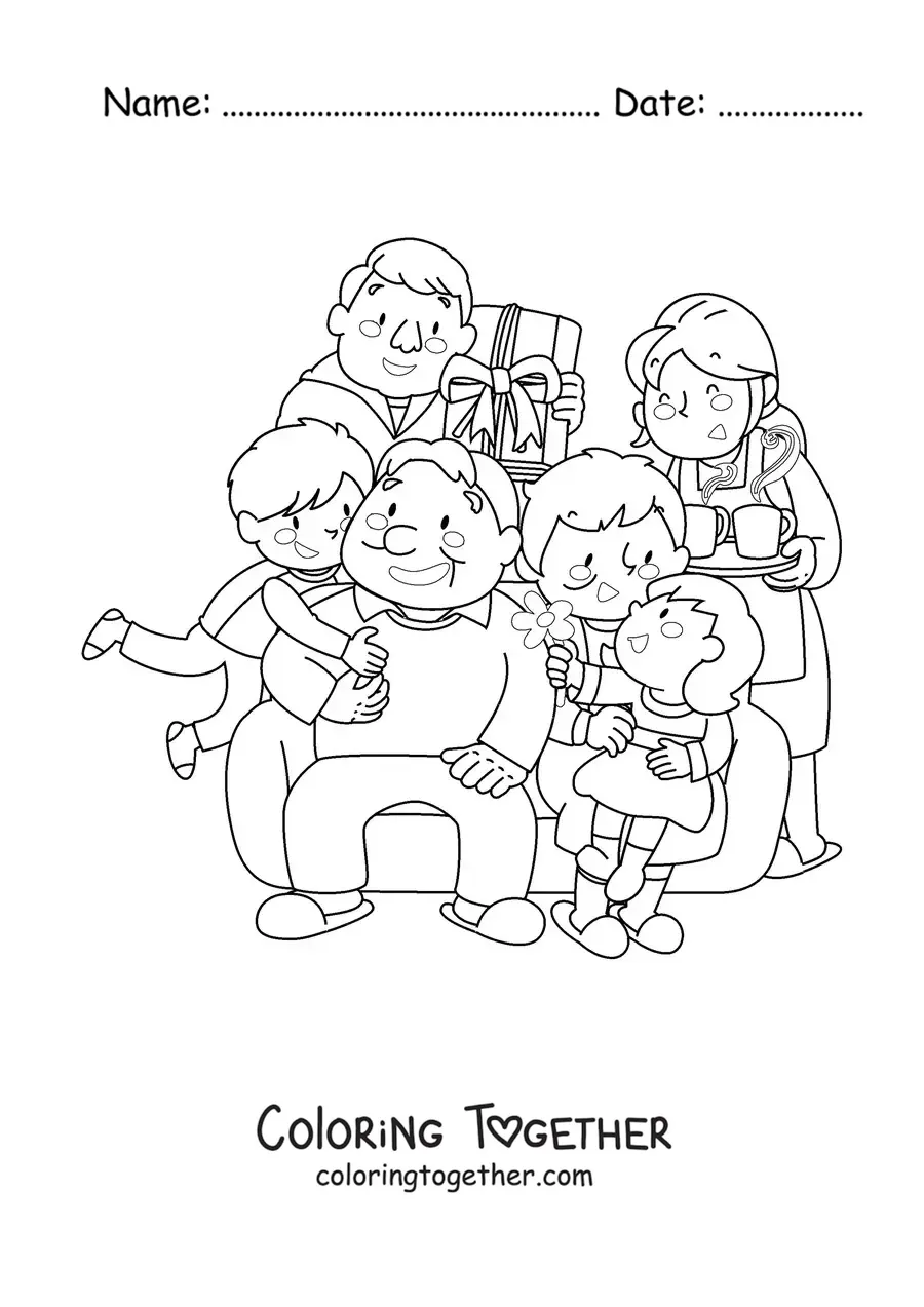 Coloring page of a dad, a mom, and two children gathered around a pair of grandparents