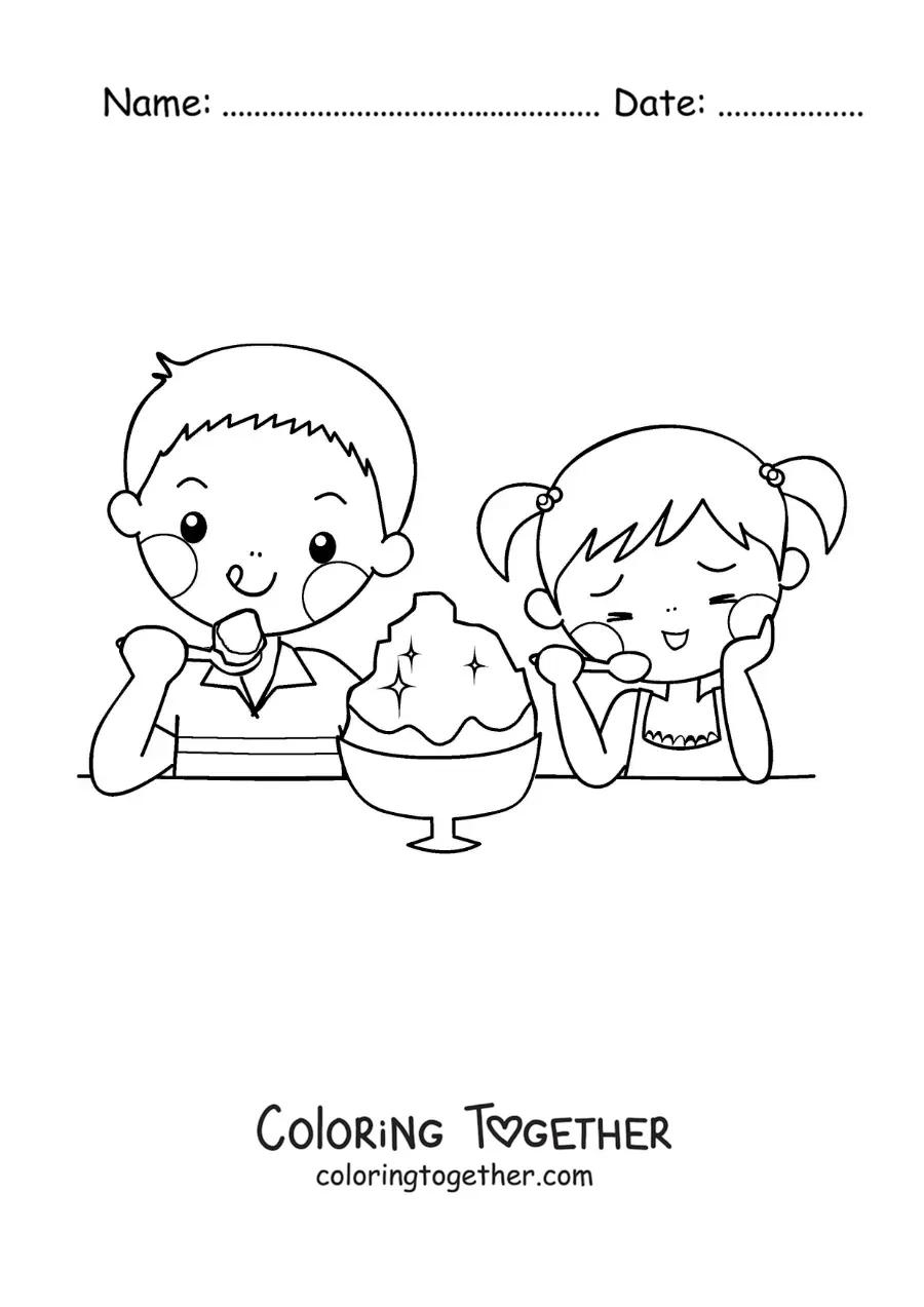 Coloring page of two kawaii kids eating ice cream