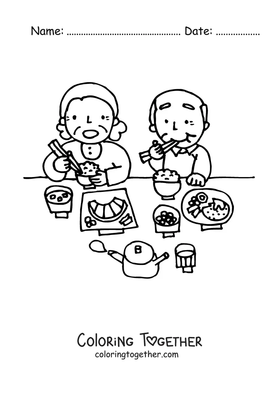 Coloring page of two grandparents eating together at the table
