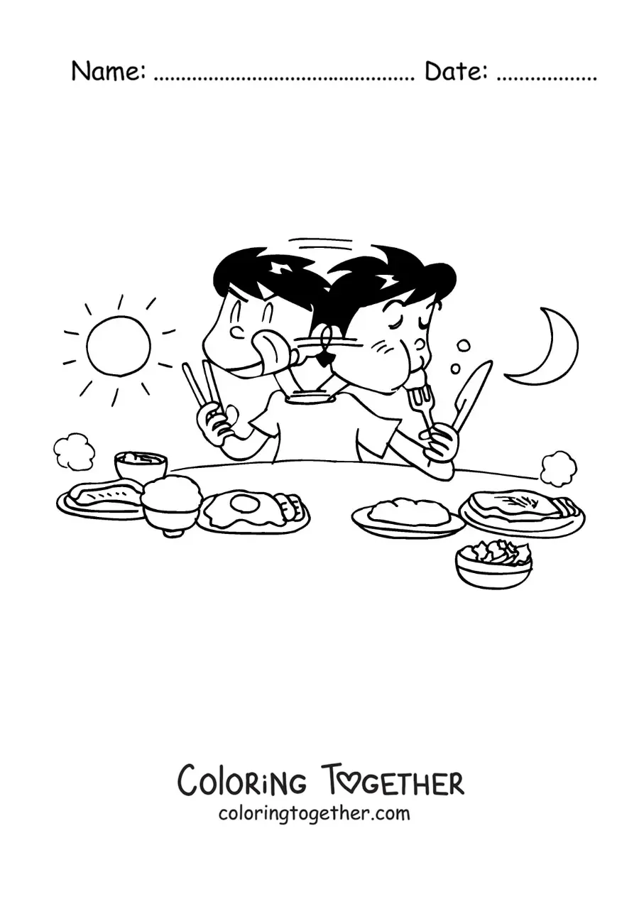 Coloring page of a boy eating at the table from morning till night